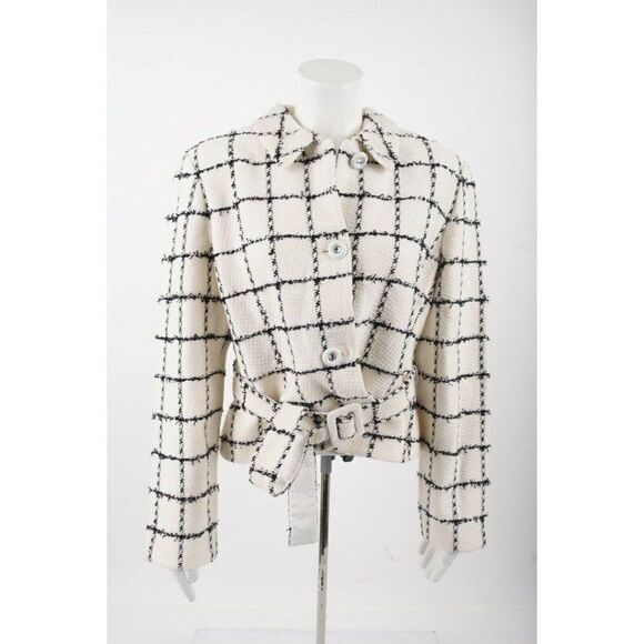 St. John Womens Jacket Blazer Wool Blend Sz 12 Ivory Black Windowpane Belted NWT - Picture 1 of 8